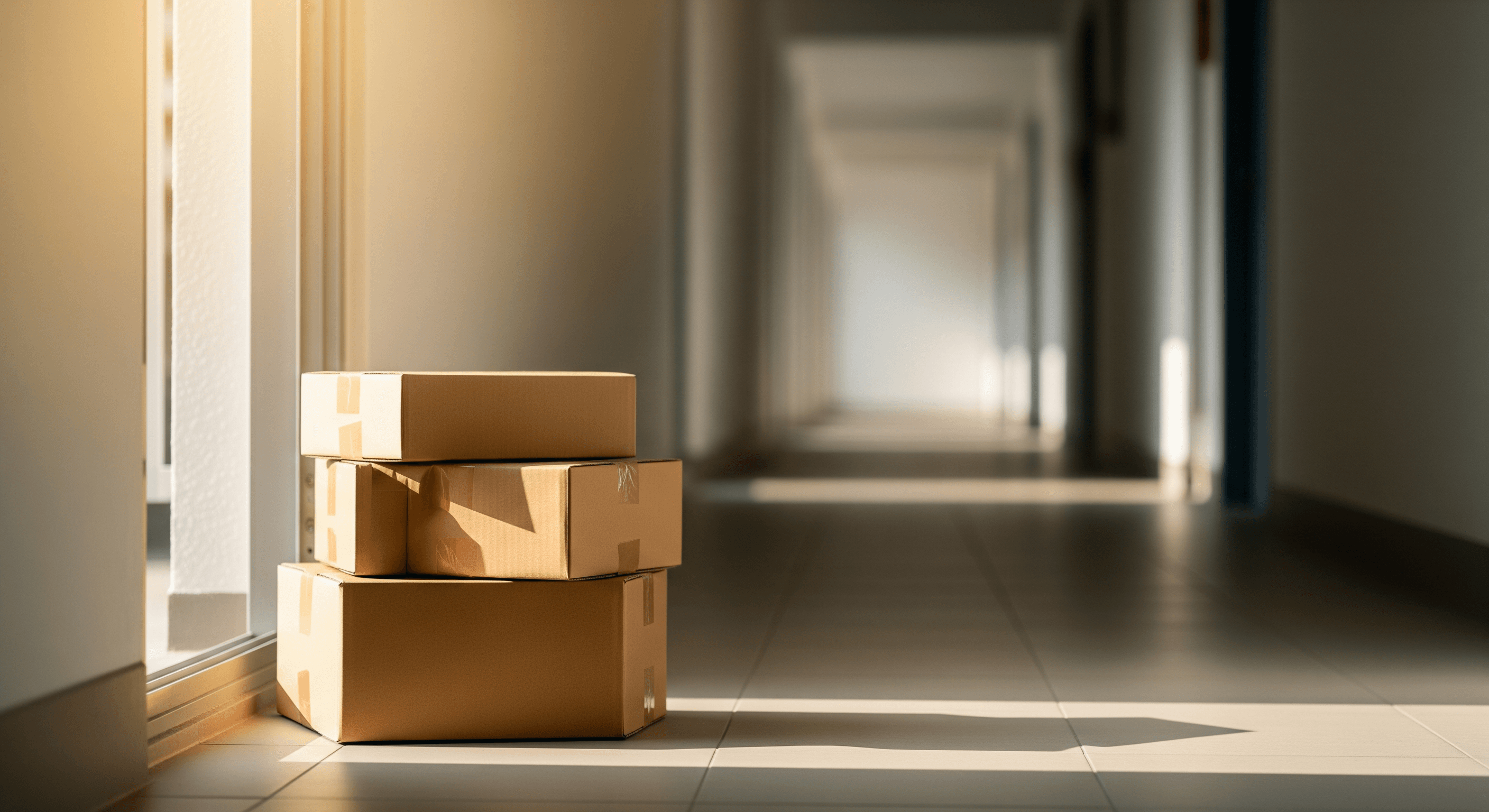 Stack of cardboard delivery parcels on a Singapore HDB flat corridor doorstep in morning light