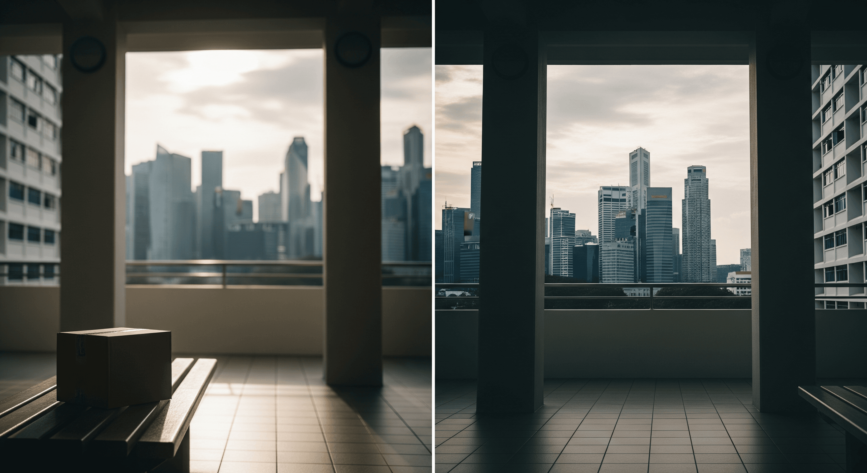 Cardboard delivery package on an HDB void deck bench with Singapore CBD skyline in background