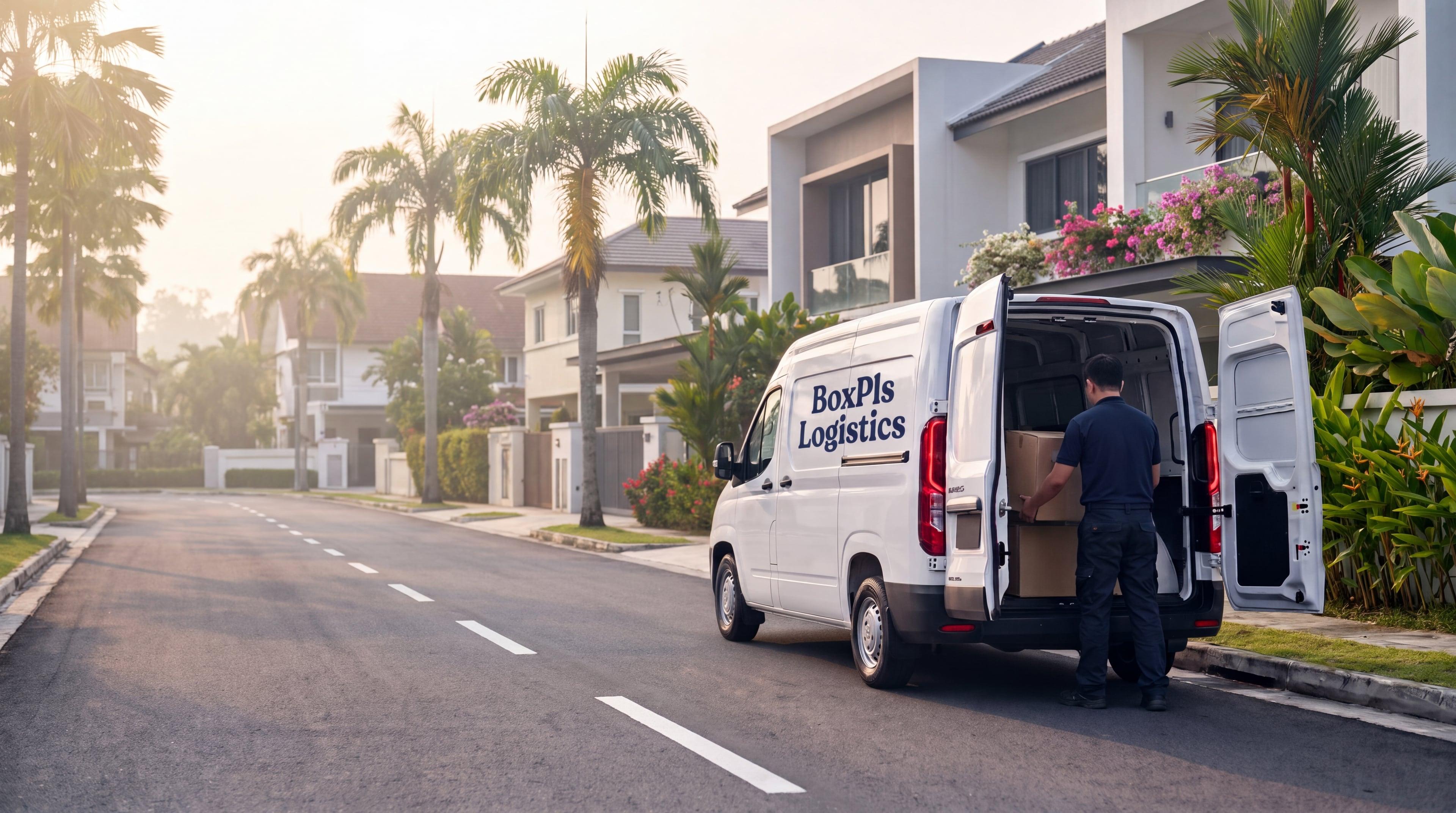 BoxPls Logistics van with driver loading boxes on a Singapore residential street