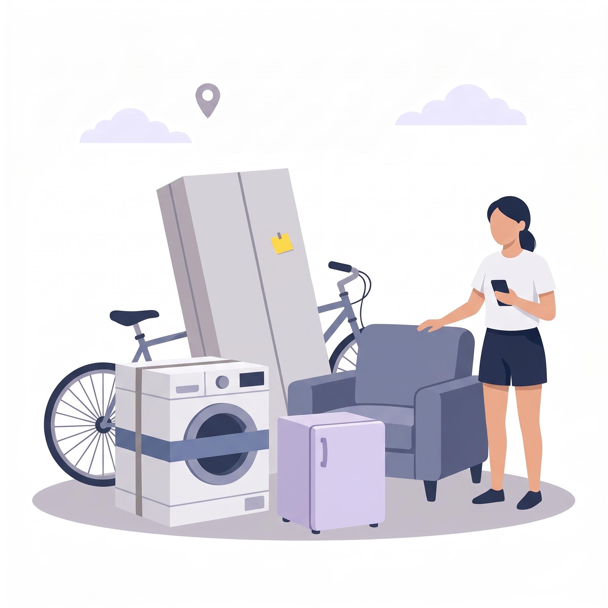 Illustration of a woman on her phone beside a fridge, washing machine, armchair and bicycle ready for pick-up