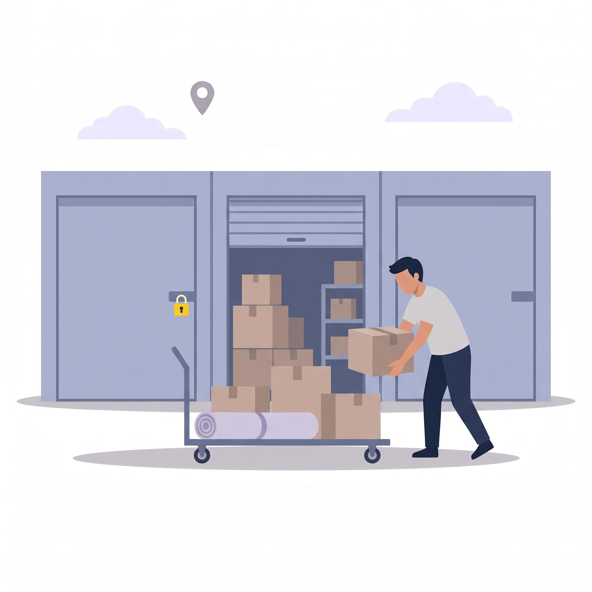 Illustration of a man loading boxes from an open self-storage unit onto a trolley