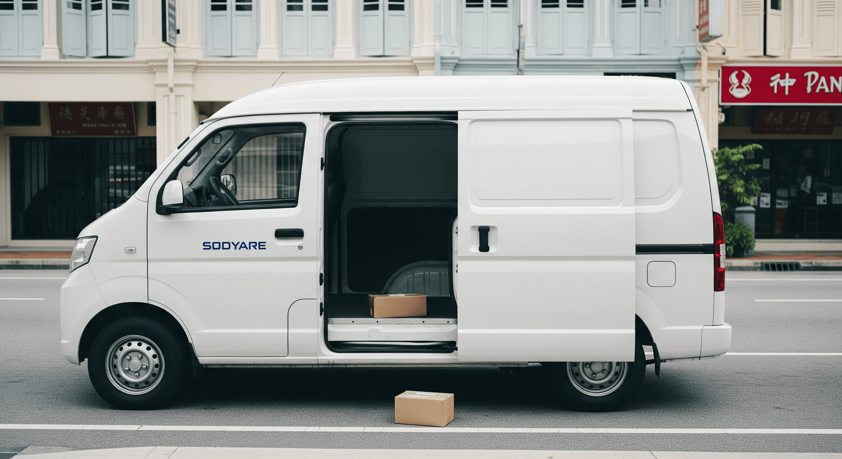 A white compact high-roof panel van with its side door open parked along a Singapore Tiong Bahru shophouse row, cardboard parcels on the pavement beside it