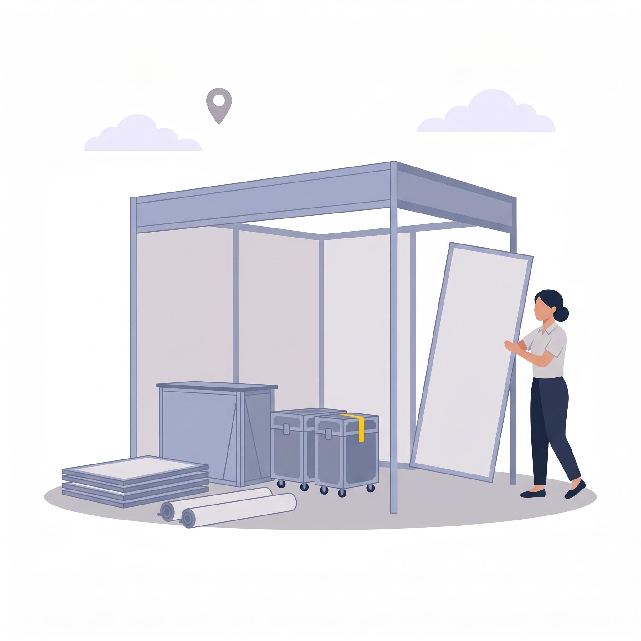 Illustration of an exhibitor fitting a wall panel onto a booth frame beside flight cases and rolled banners