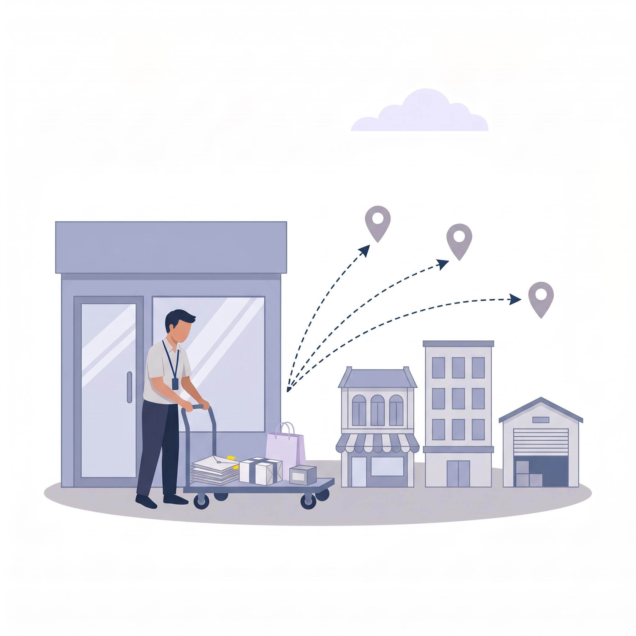 Illustration of a staff member wheeling parcels, envelopes and a bag out of a shopfront, with routes fanning out to three destinations