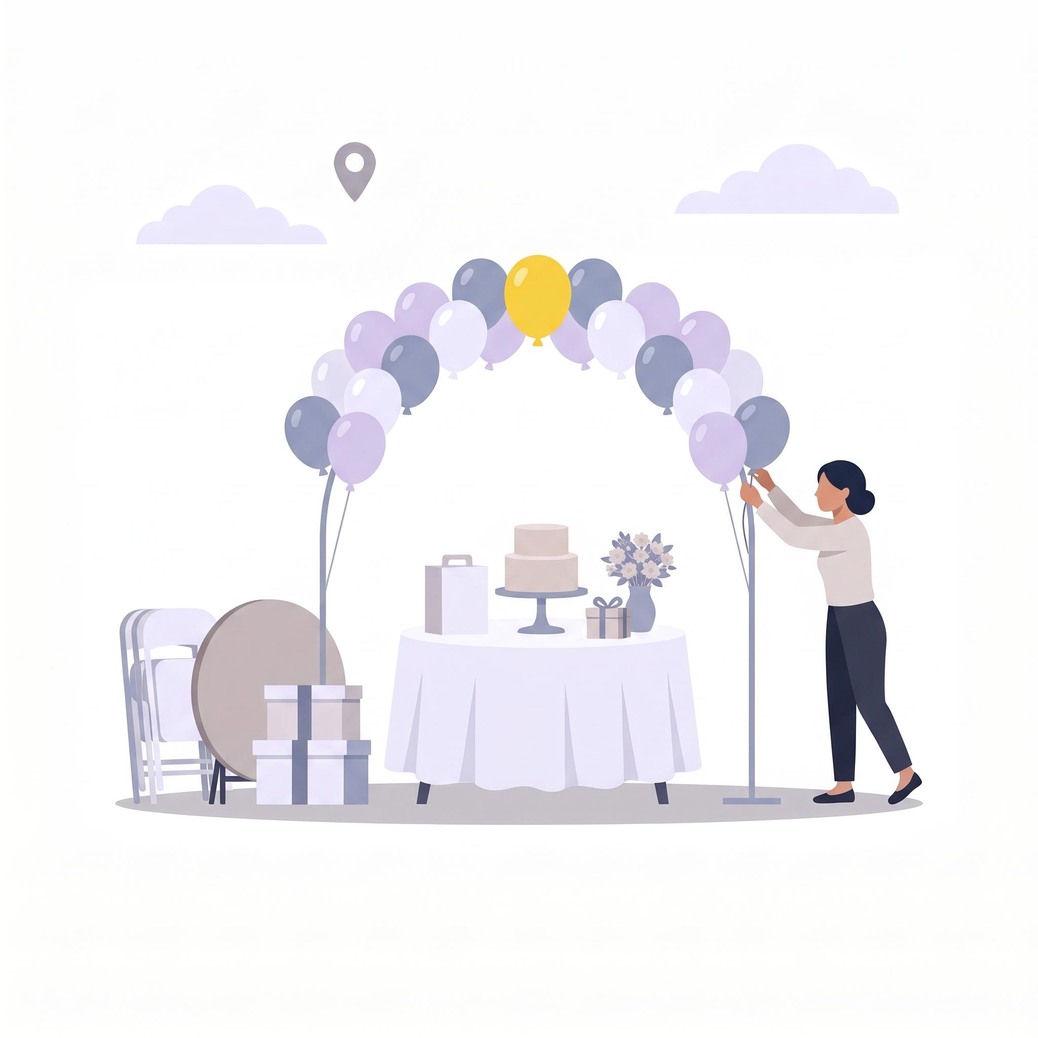Illustration of a woman setting up a balloon arch over a cake table, with folding chairs and boxed supplies beside it