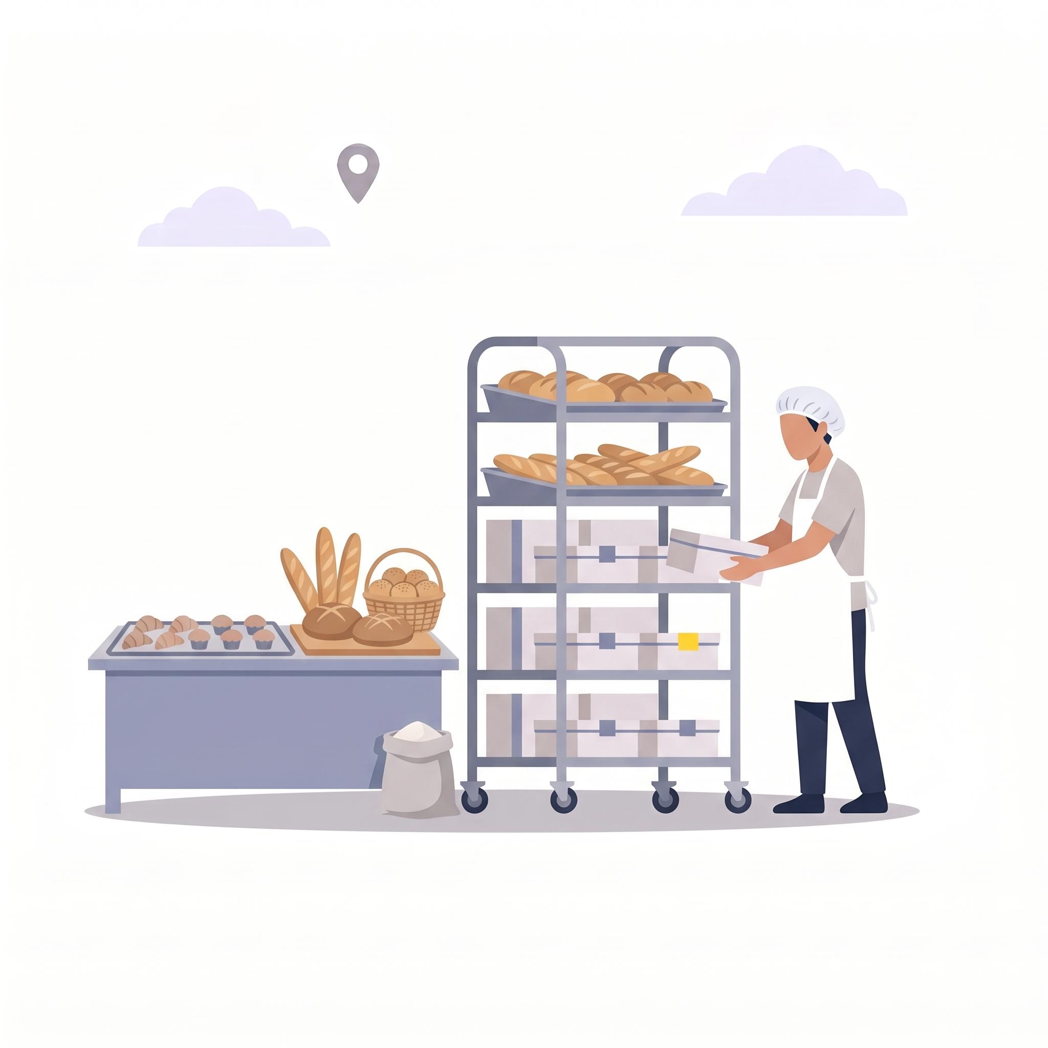 Illustration of a baker loading boxed orders onto a bakery rack beside fresh bread and pastries