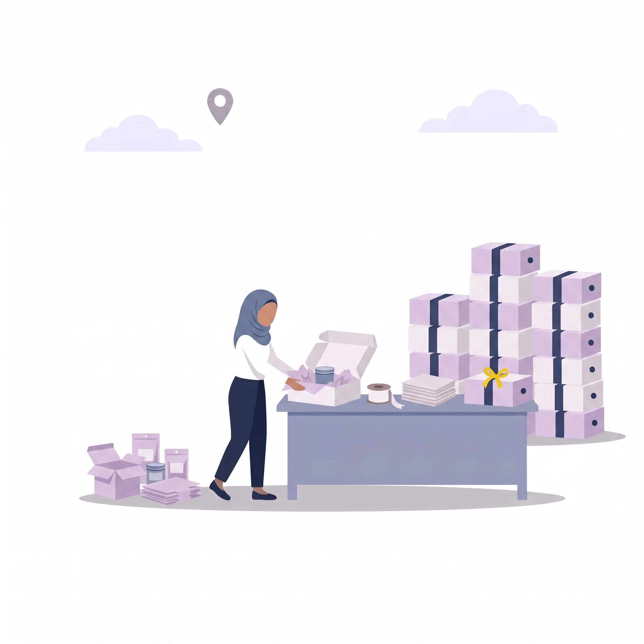 Illustration of an online seller packing an order box at a table beside stacks of sealed parcels