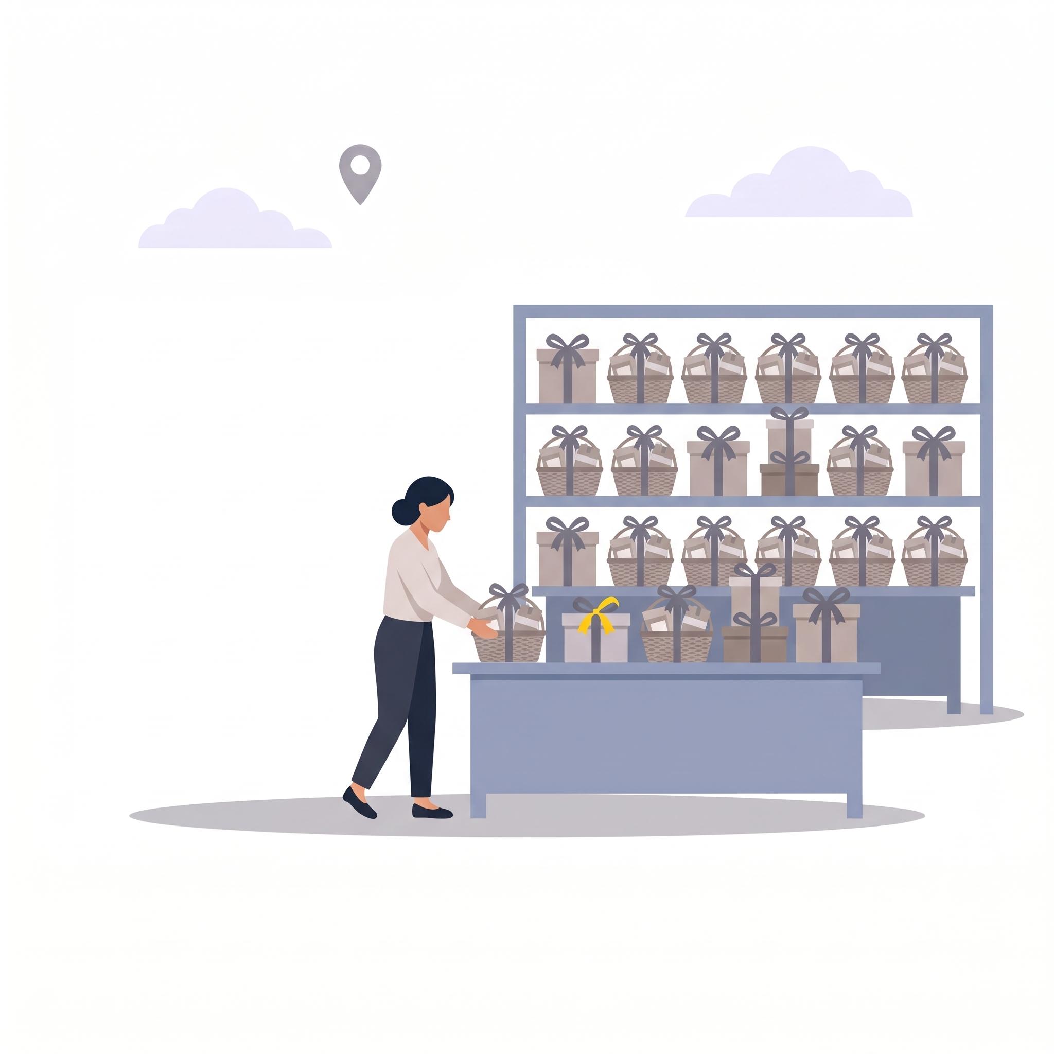 Illustration of a gifting team member packing hampers and wrapped gift boxes from a stocked shelf