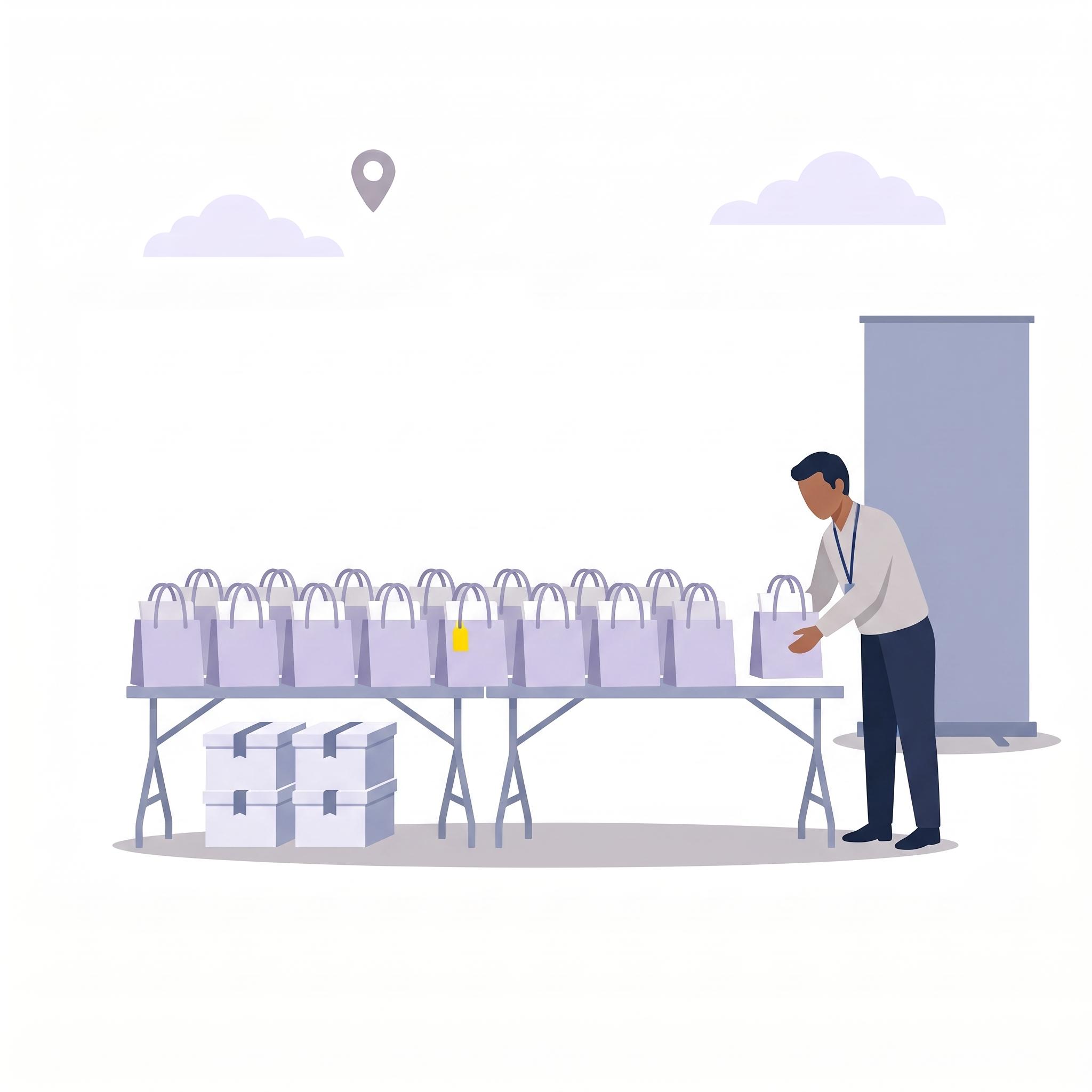 Illustration of an organisation staff member preparing rows of event bags and boxed materials on a table