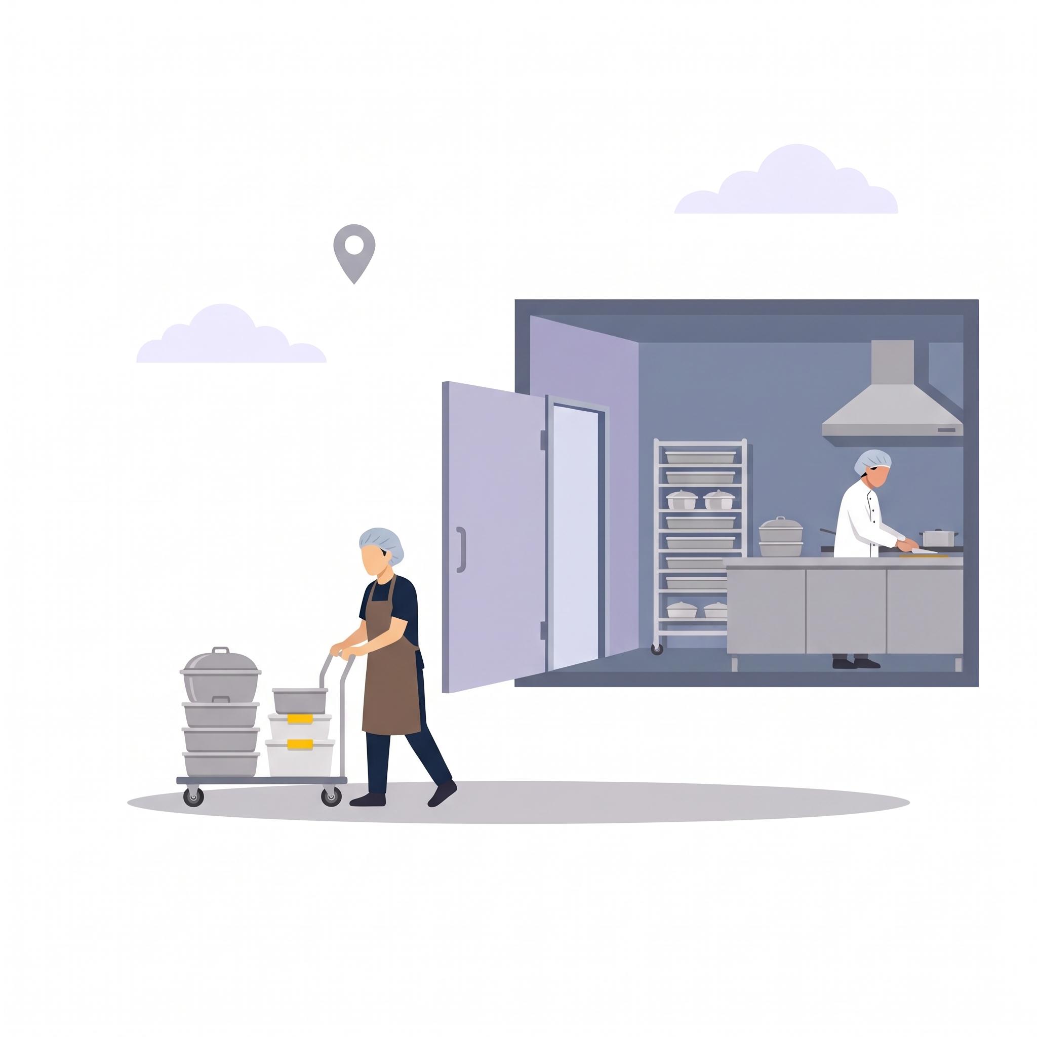 Illustration of a kitchen worker wheeling a trolley of food containers out of a central kitchen while a chef cooks inside