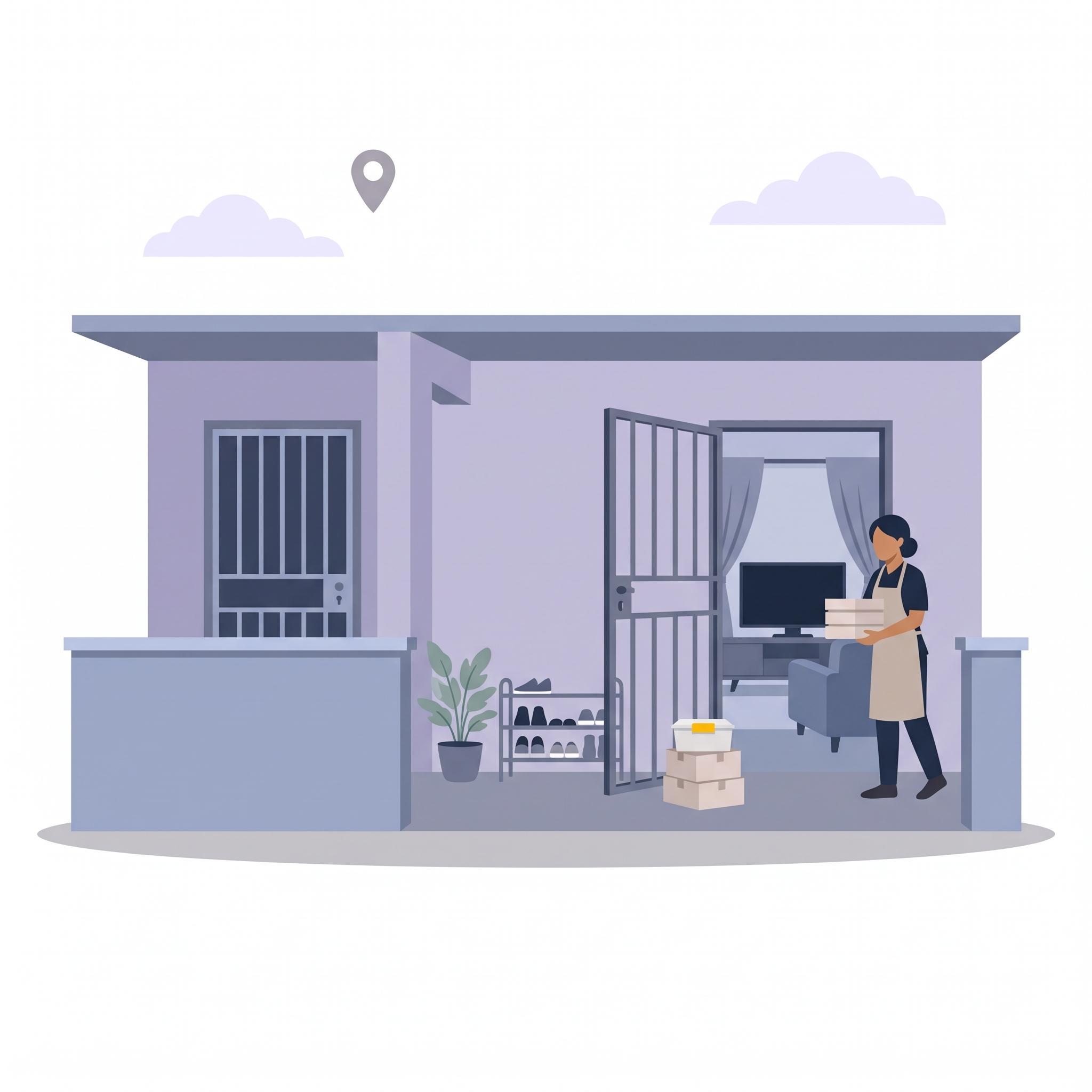 Illustration of a home-based seller carrying packed orders out of a Singapore HDB flat to a stack of boxes at the door
