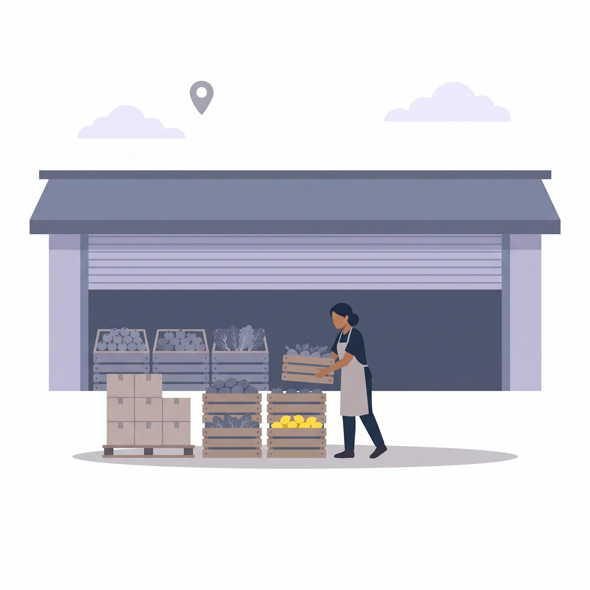 Illustration of a supplier carrying a crate of fresh produce out of a roller-shutter unit stacked with crates and cartons