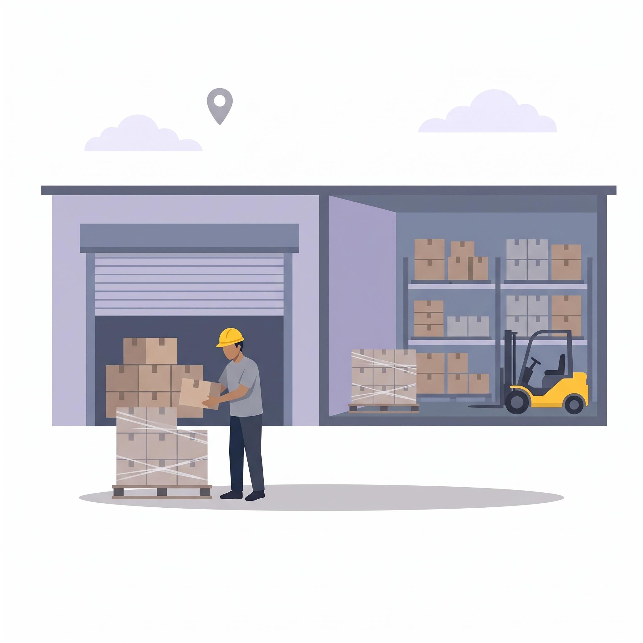 Illustration of a warehouse worker in a hard hat stacking cartons on a pallet at a loading bay, with a forklift and racked shelves inside